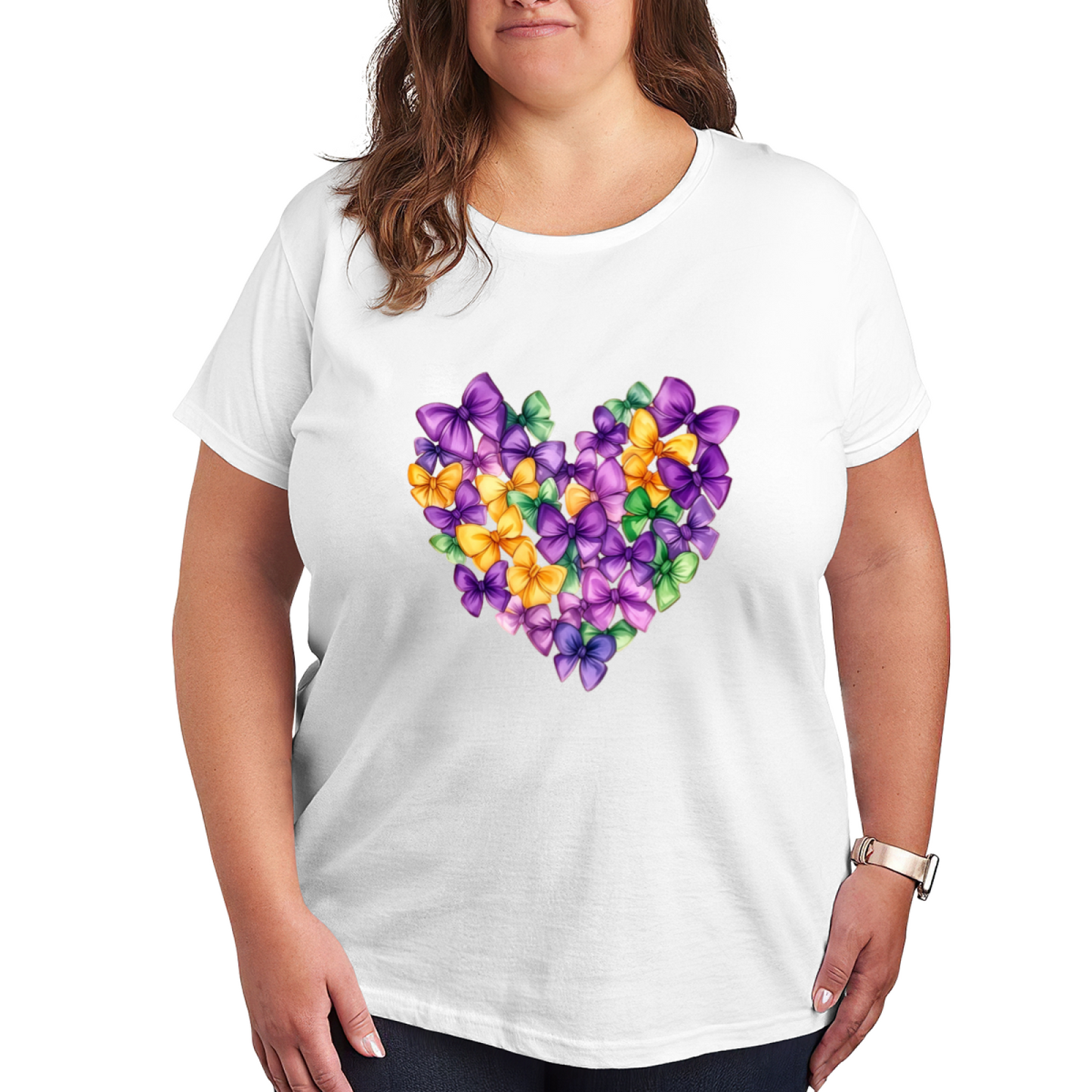Mardi Gras Bow Heart Shape Cute Print Plus Size Women¡¯s White Graphic T-Shirt