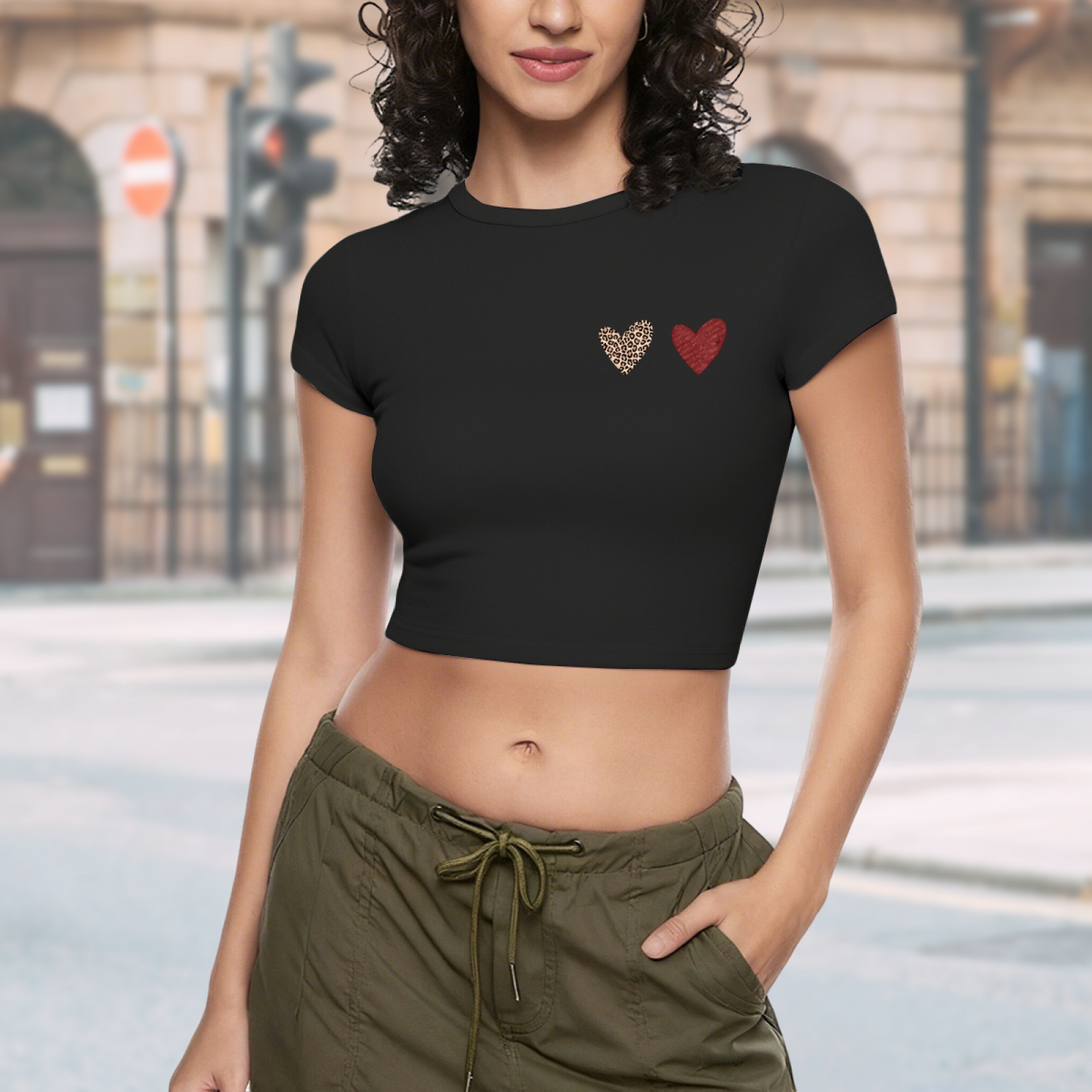 Mini Leopard & Red Heart Minimal Black Crop Top