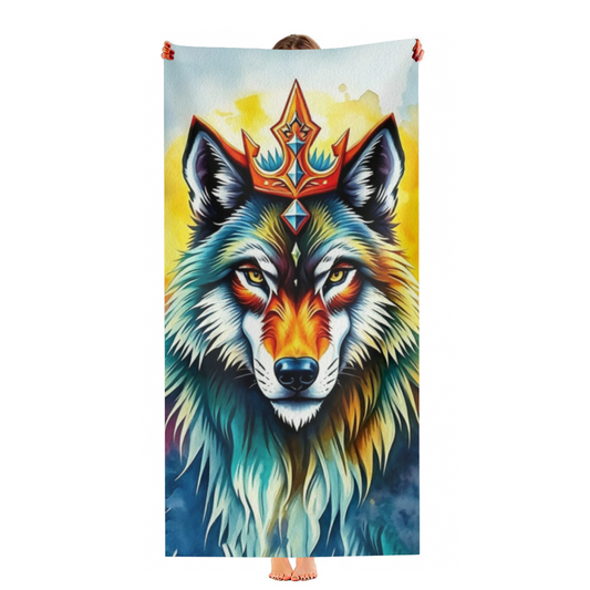 Colorful Watercolor Crown Wolf King Beach Towel, Thick Soft & Strong Water Absorption, Various Sizes Selectable, Comfortable Stylish Towel for Animal Enthusiasts