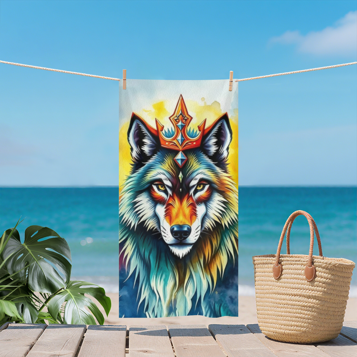 Colorful Watercolor Crown Wolf King Beach Towel, Thick Soft & Strong Water Absorption, Various Sizes Selectable, Comfortable Stylish Towel for Animal Enthusiasts