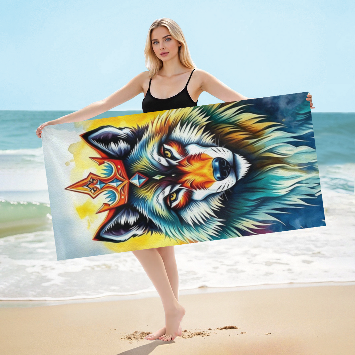 Colorful Watercolor Crown Wolf King Beach Towel, Thick Soft & Strong Water Absorption, Various Sizes Selectable, Comfortable Stylish Towel for Animal Enthusiasts