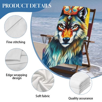 Colorful Watercolor Crown Wolf King Beach Towel, Thick Soft & Strong Water Absorption, Various Sizes Selectable, Comfortable Stylish Towel for Animal Enthusiasts