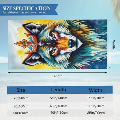 Colorful Watercolor Crown Wolf King Beach Towel, Thick Soft & Strong Water Absorption, Various Sizes Selectable, Comfortable Stylish Towel for Animal Enthusiasts