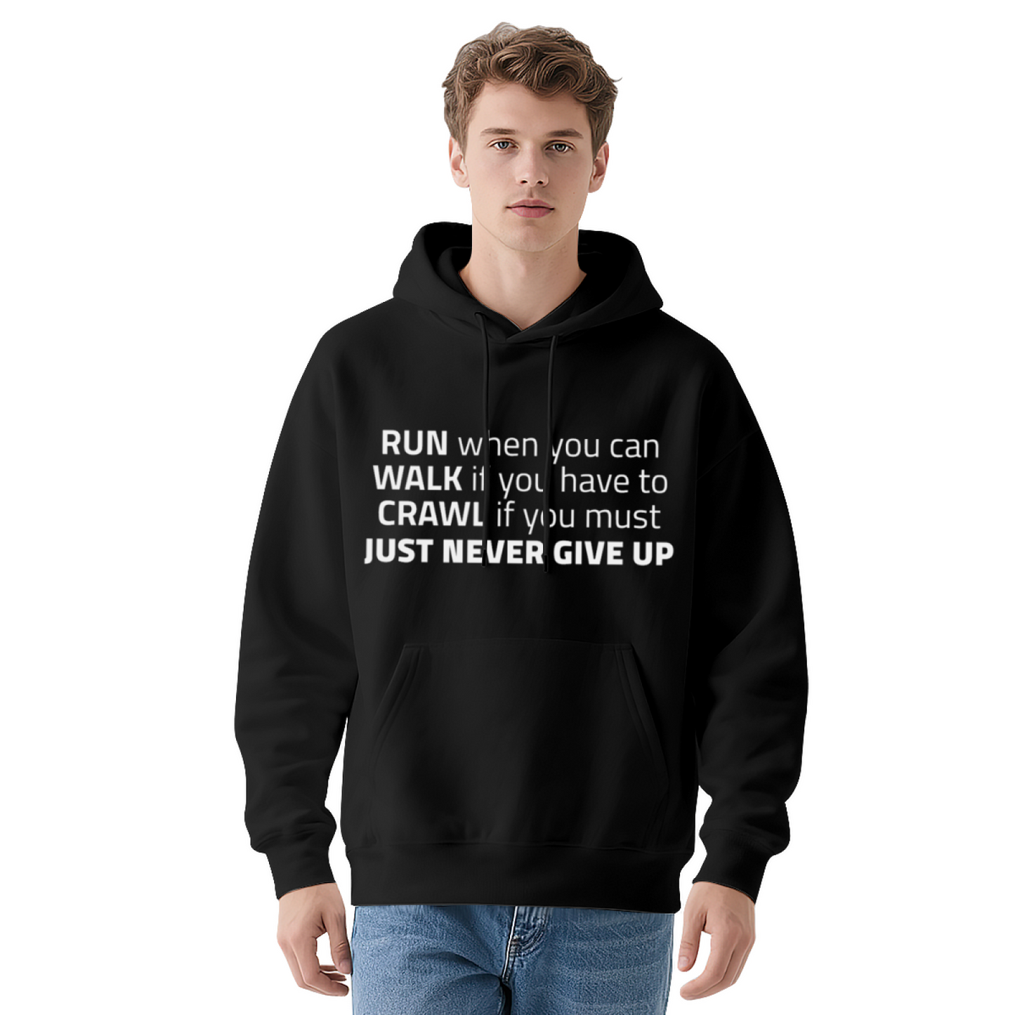 Never Give Up Motivational Quote Hoodie, Unisex Cozy Inspirational Black Hoodie
