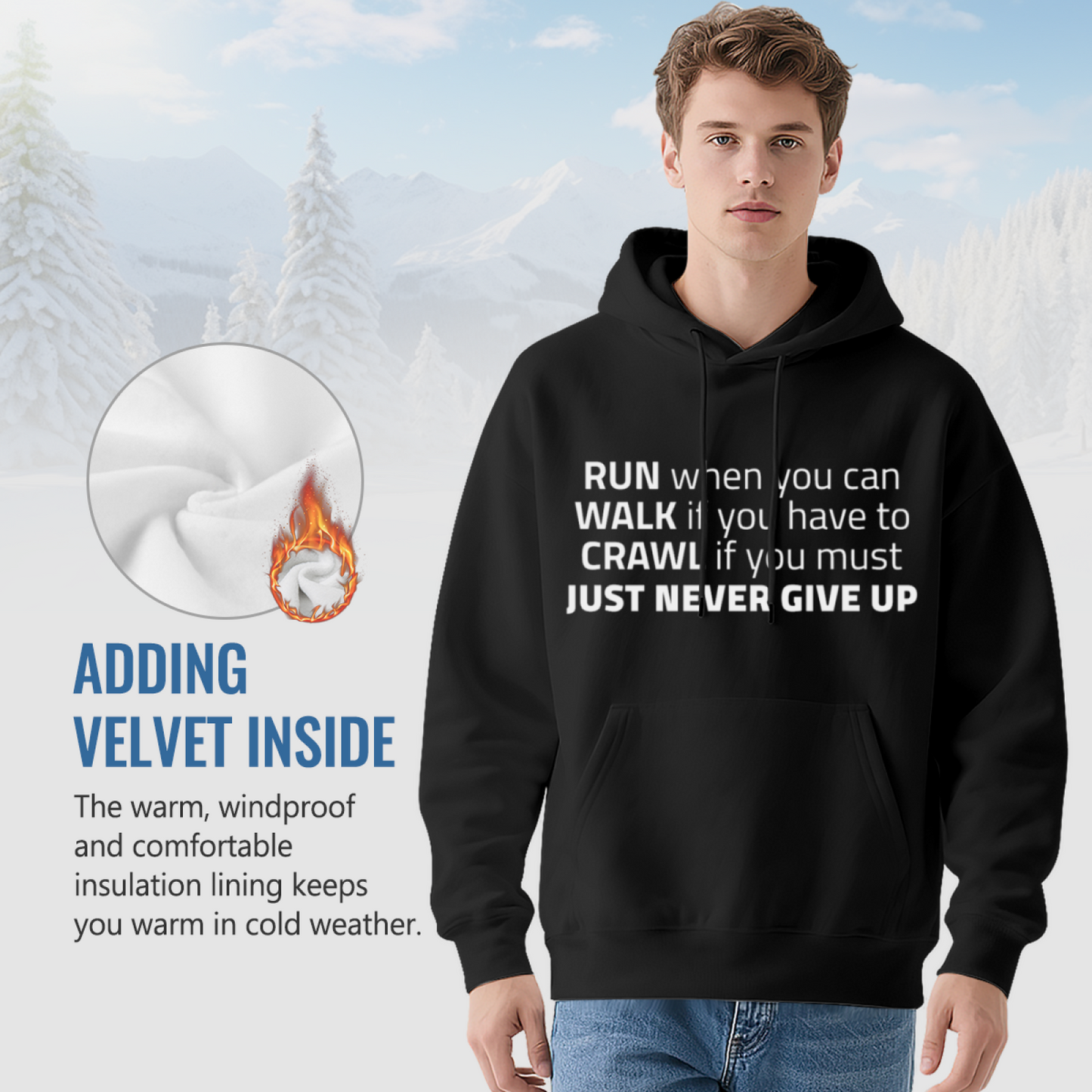 Never Give Up Motivational Quote Hoodie, Unisex Cozy Inspirational Black Hoodie