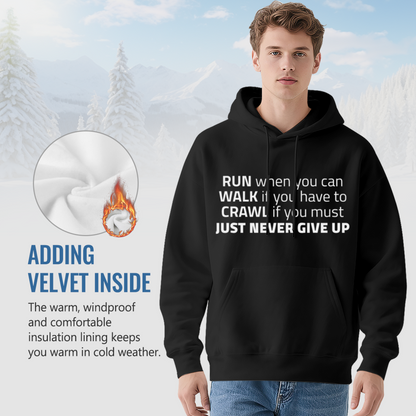 Never Give Up Motivational Quote Hoodie, Unisex Cozy Inspirational Black Hoodie