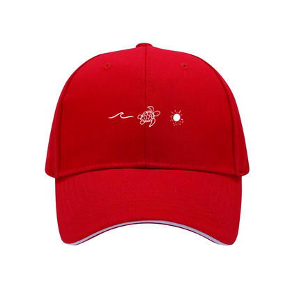 Wave Turtle Sun Graphic Red Sandwich Baseball Cap, Beach Vacation Sun Hat