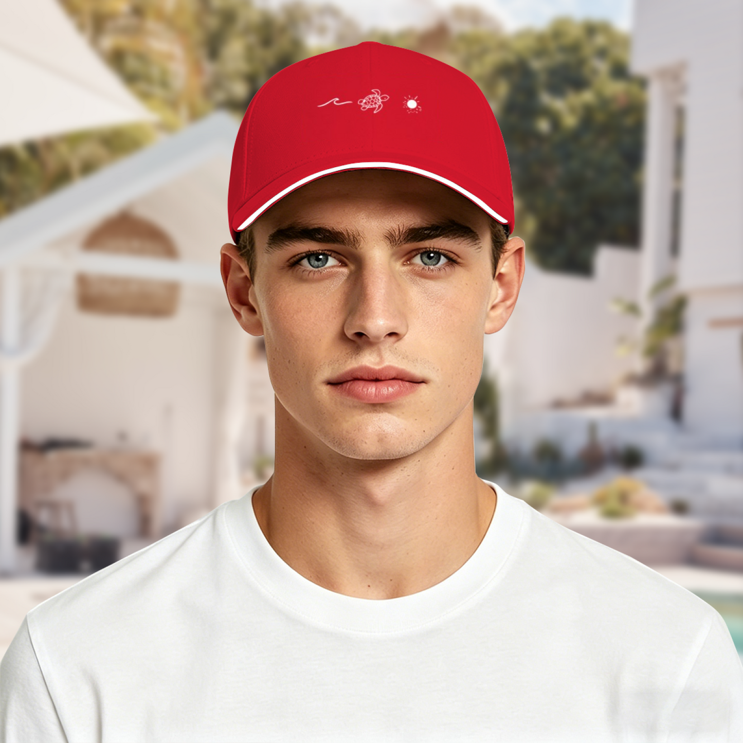Wave Turtle Sun Graphic Red Sandwich Baseball Cap, Beach Vacation Sun Hat