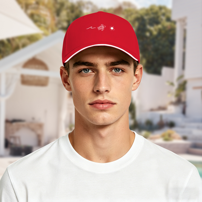 Wave Turtle Sun Graphic Red Sandwich Baseball Cap, Beach Vacation Sun Hat