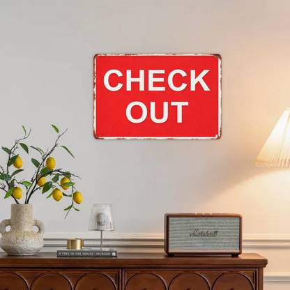 Simple Red Check Out Vintage Retro Metal Plaque