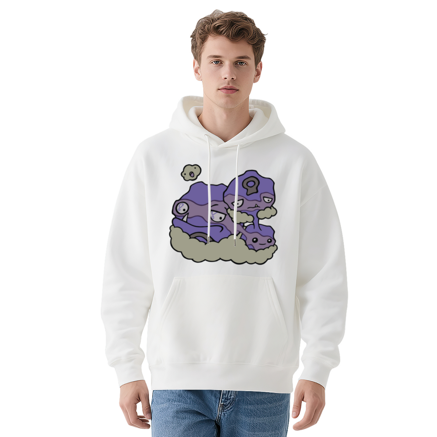 Cute Purple Slime Cartoon White Hoodie, Unique Aesthetic Comfort Pullover