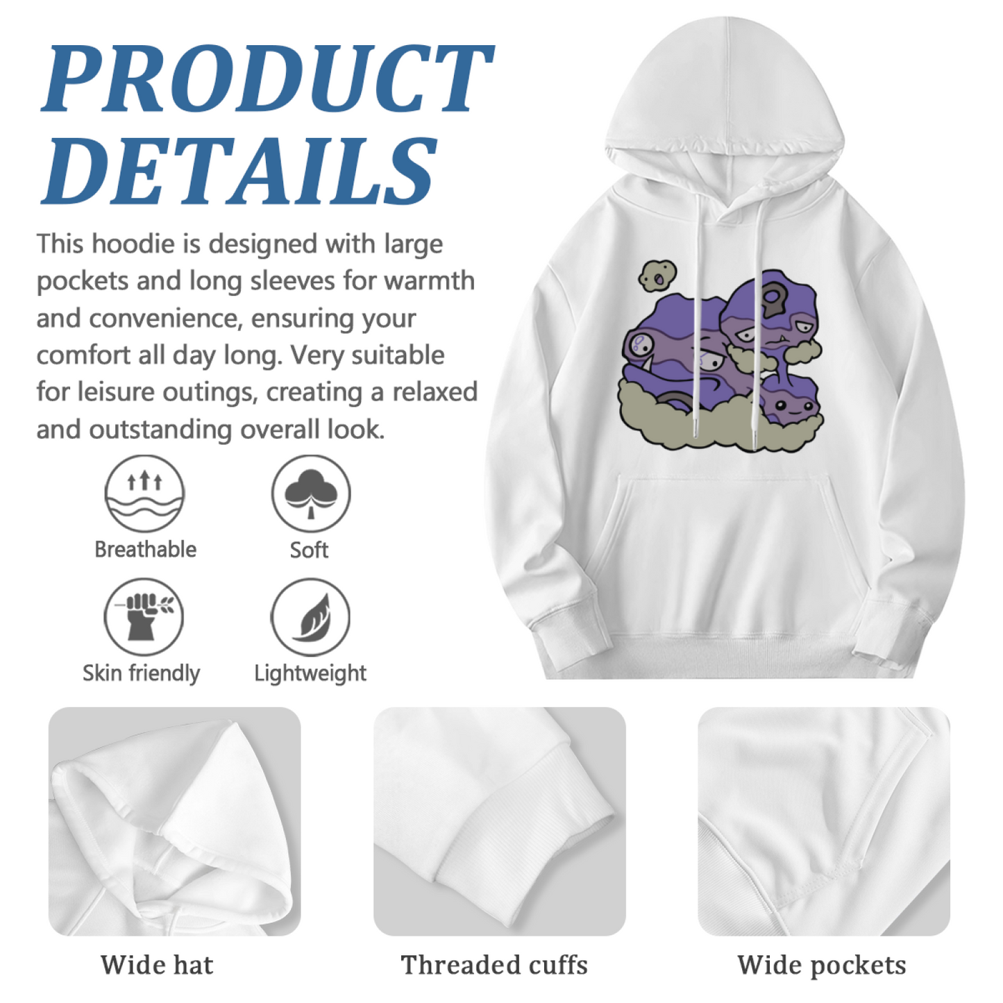 Cute Purple Slime Cartoon White Hoodie, Unique Aesthetic Comfort Pullover