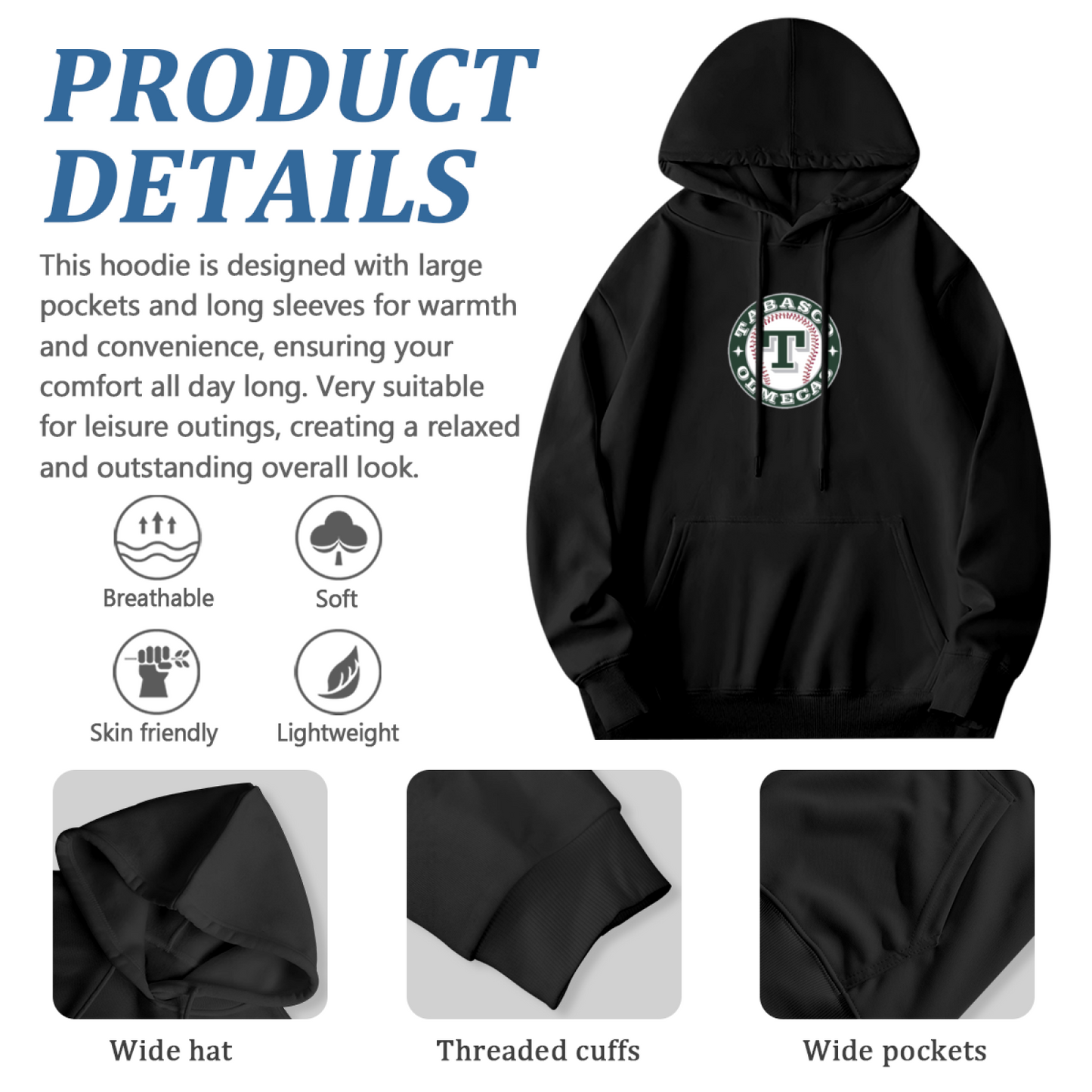 Tabasco Olmec Baseball Logo Men Hoodie, Relaxed Street Fit
