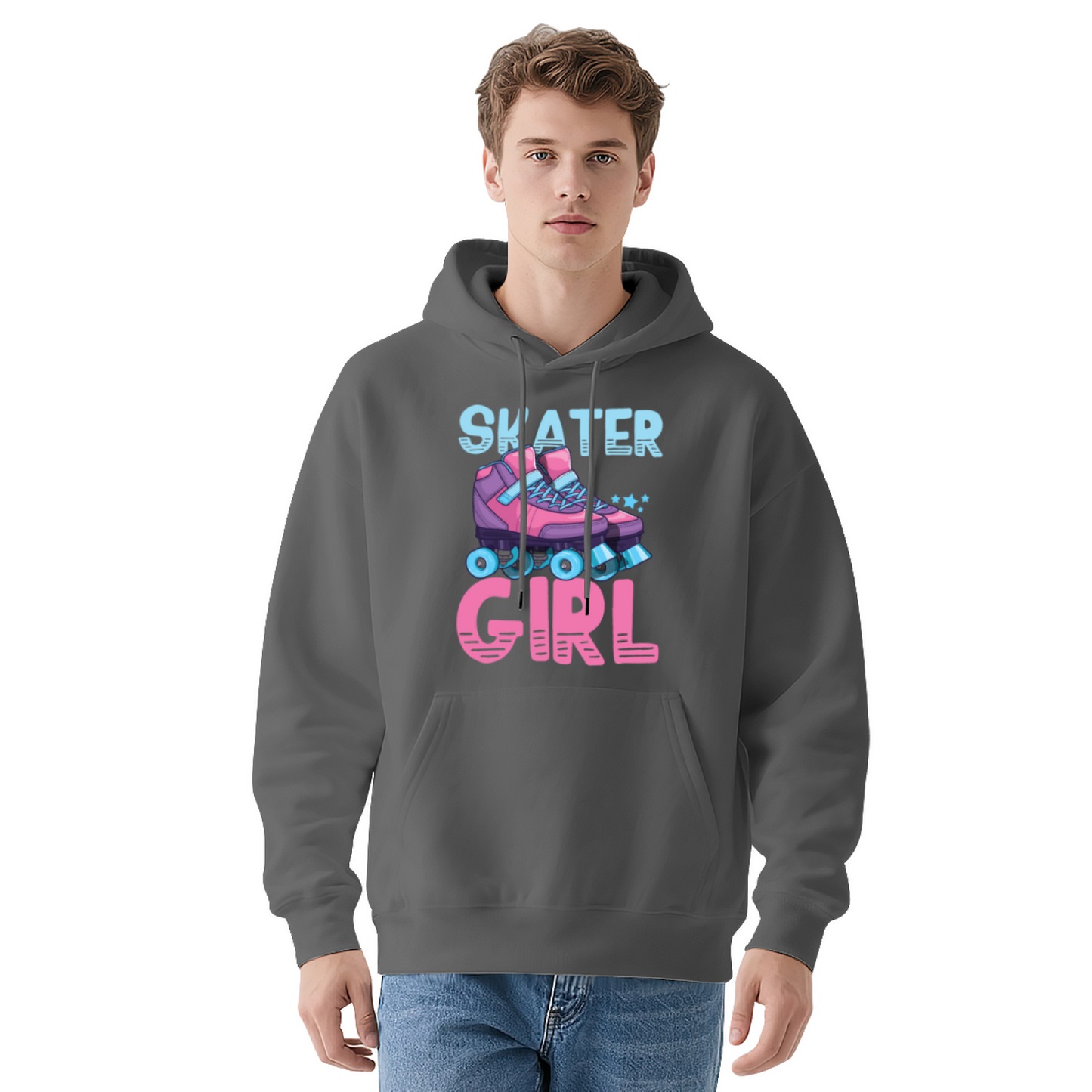 Retro Skater Girl Roller Skate Print Hoodie, Cozy Casual Top For Girls