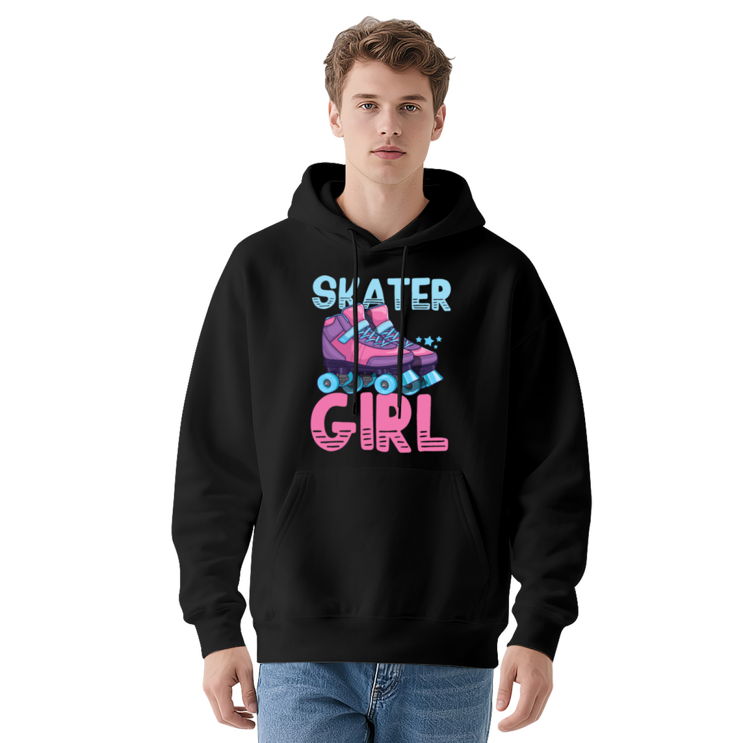 Retro Skater Girl Roller Skate Print Hoodie, Cozy Casual Top For Girls