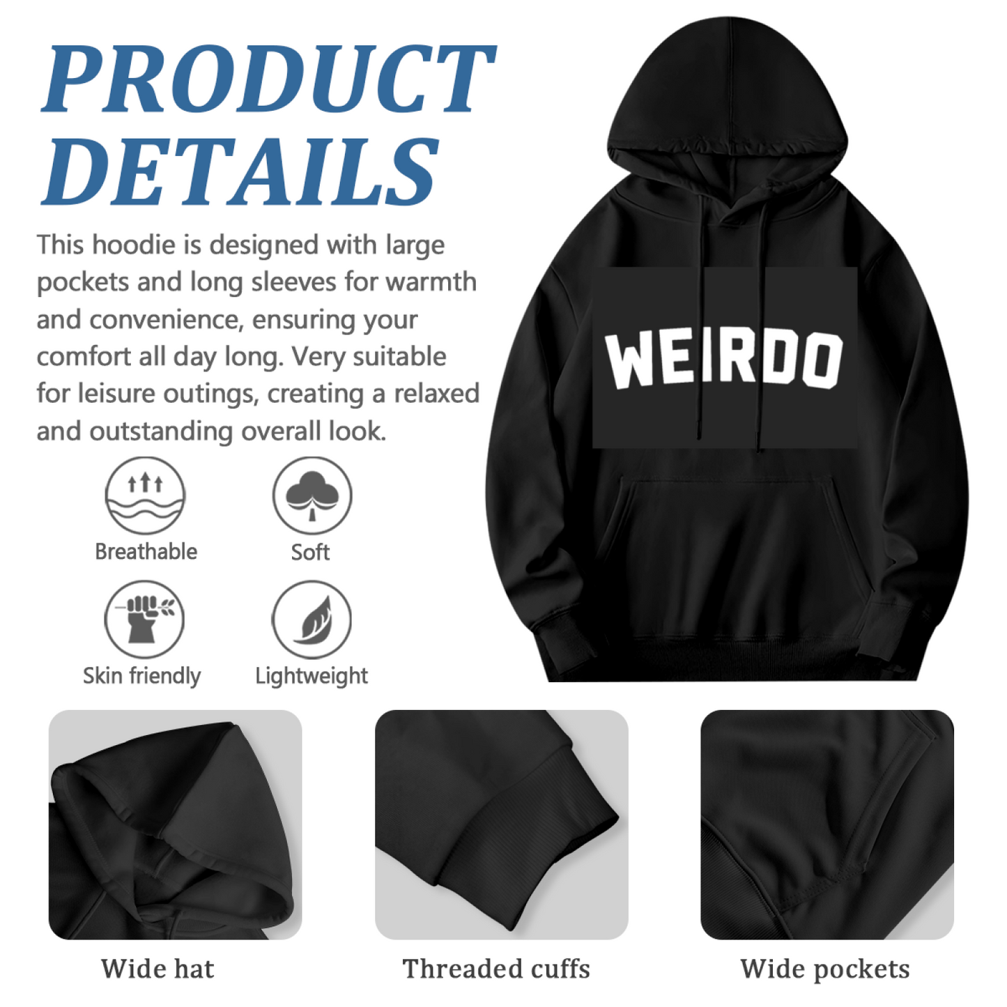 Bold WEIRDO Block Letter Black Hoodie, Edgy Cozy Streetwear Pullover