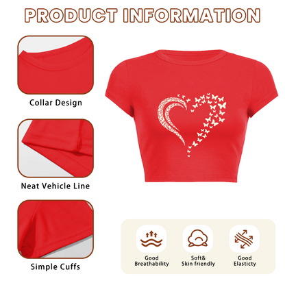 Red Leopard Butterfly Heart Graphic Slim Fit Crop Tee