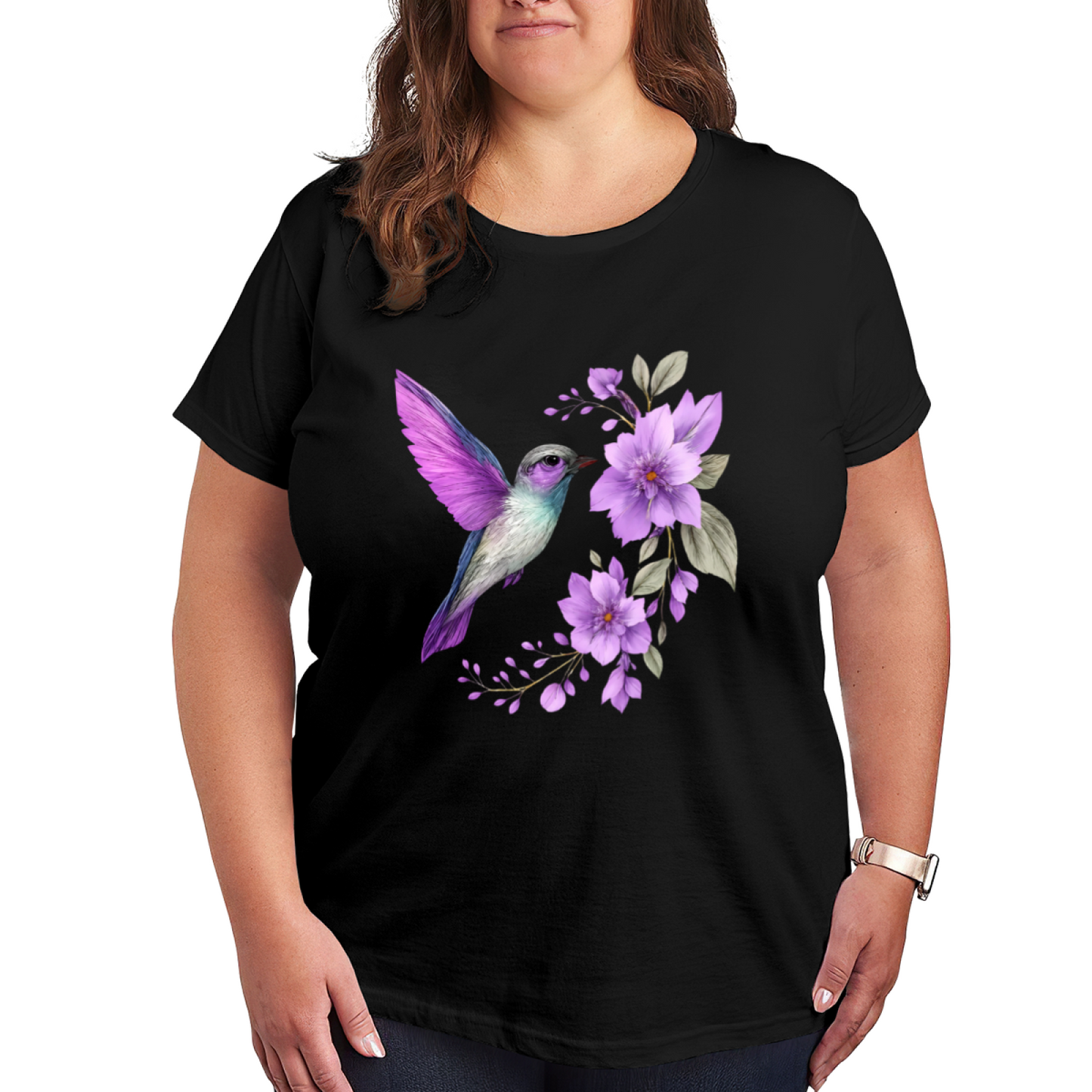 Dreamy Purple Floral Watercolor Hummingbird Curvy Tee