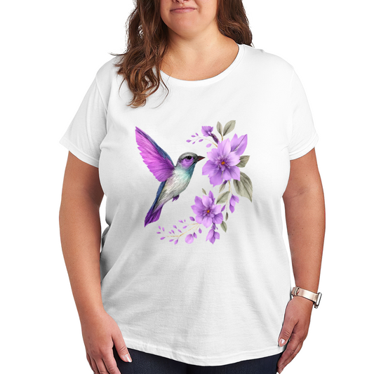 Dreamy Purple Floral Watercolor Hummingbird Curvy Tee