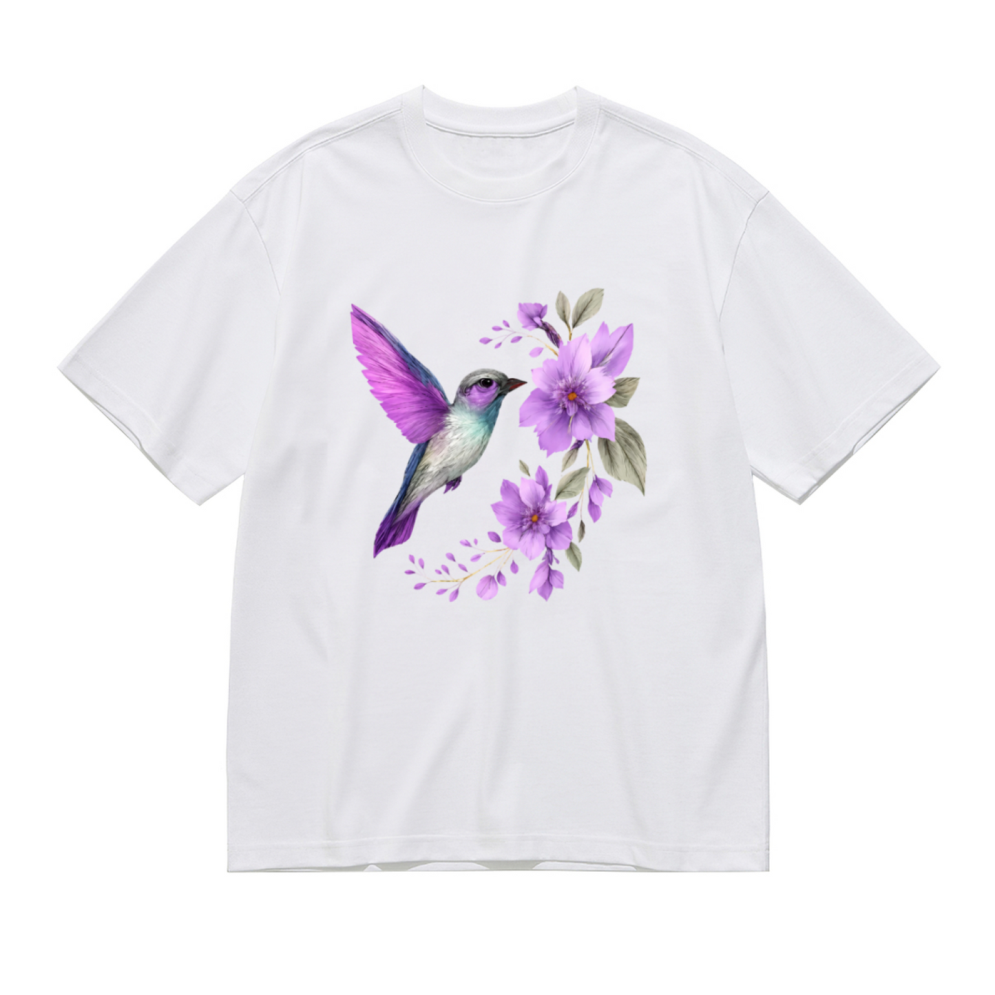 Dreamy Purple Floral Watercolor Hummingbird Curvy Tee
