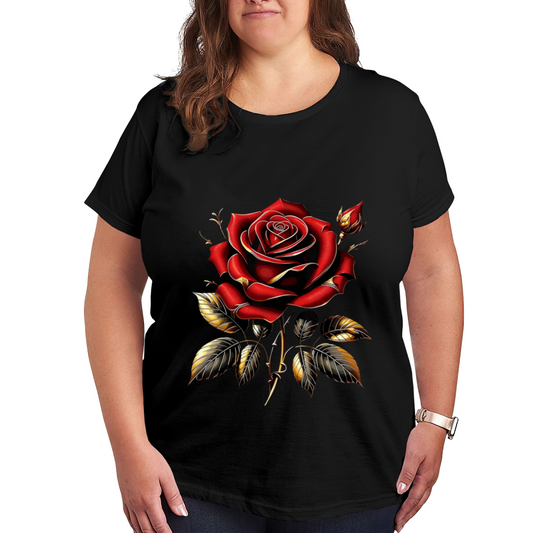Luxury Red Rose With Golden Outline Gothic Plus Size Women Graphic Tee