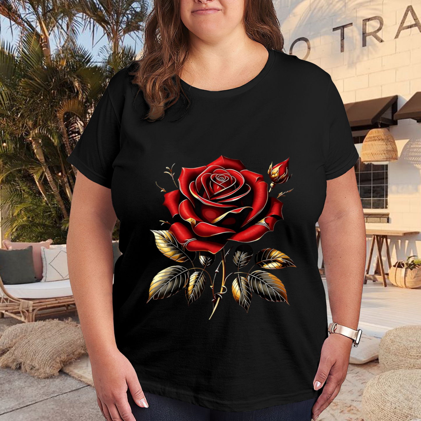 Luxury Red Rose With Golden Outline Gothic Plus Size Women Graphic Tee