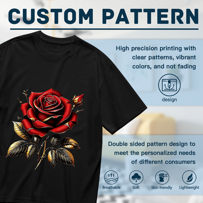 Luxury Red Rose With Golden Outline Gothic Plus Size Women Graphic Tee