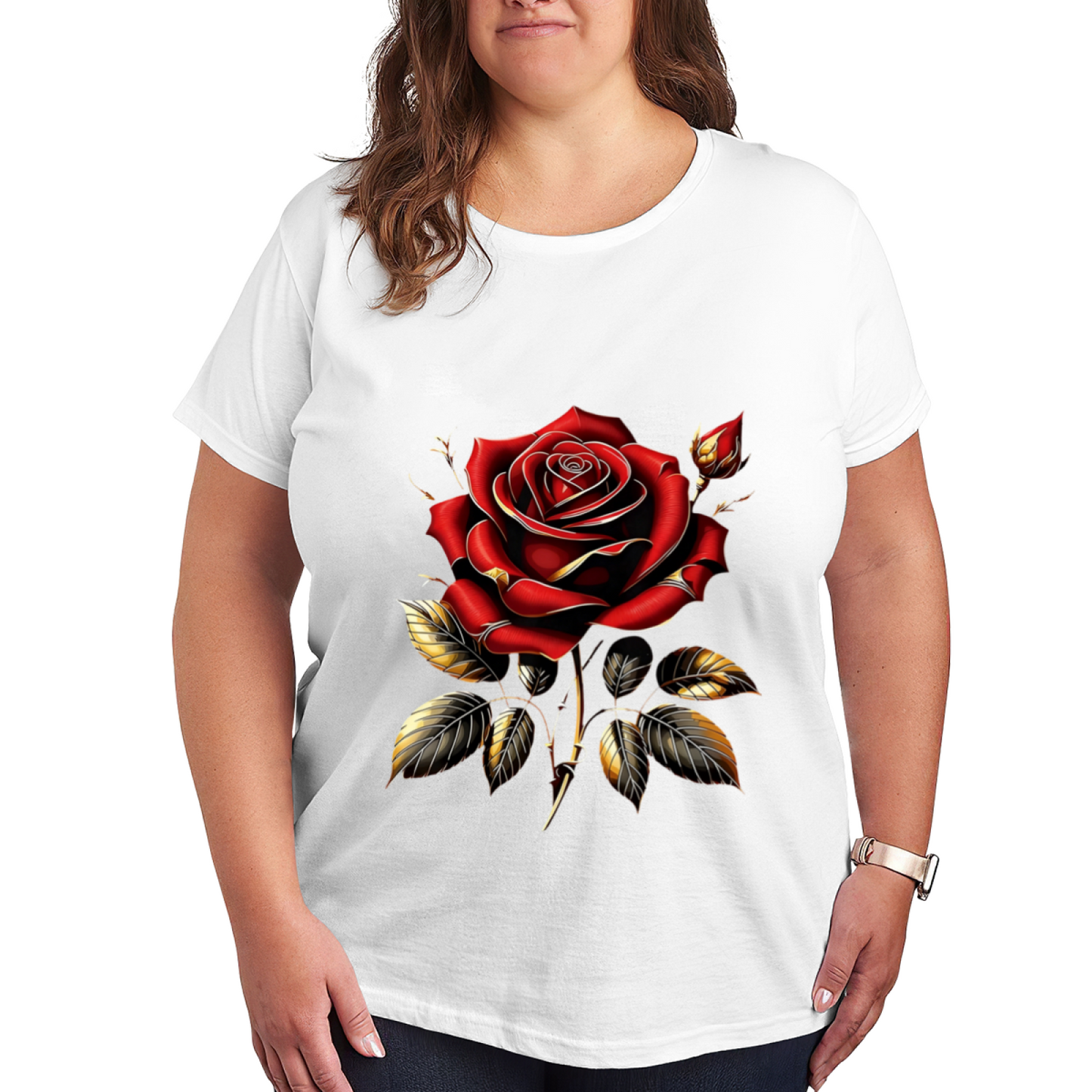 Luxury Red Rose With Golden Outline Gothic Plus Size Women Graphic Tee