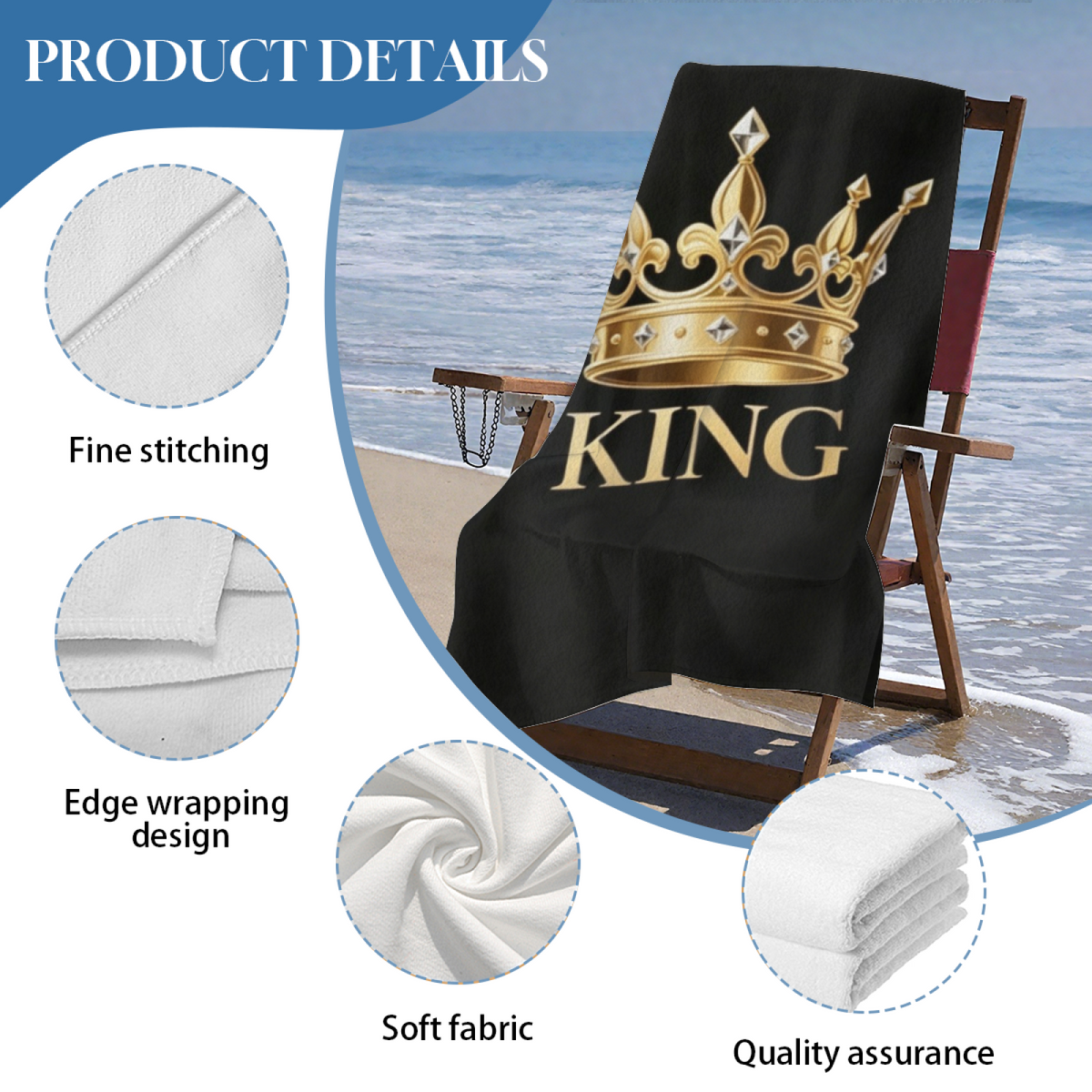 Luxury KING Crown Matching Beach Towel, Ultra Comfortable, Quick Drying and Highly Absorbent for Beach Use