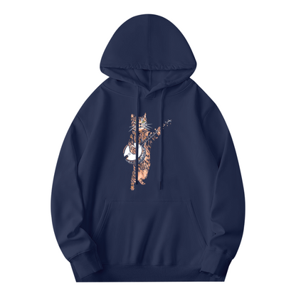 Funny Banjo Playing Tabby Cat Navy Hoodie, Soft Cute Daily Pullover