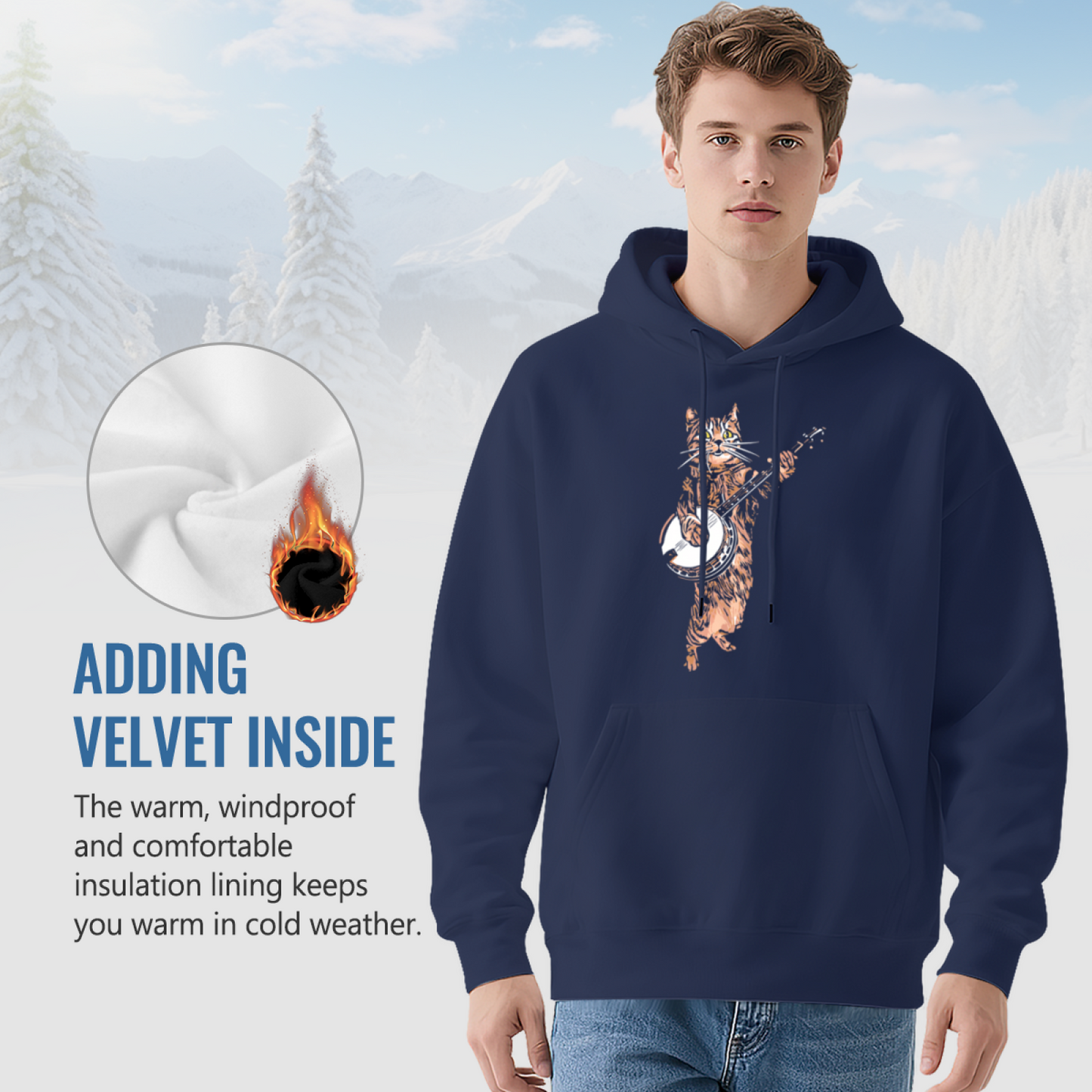 Funny Banjo Playing Tabby Cat Navy Hoodie, Soft Cute Daily Pullover