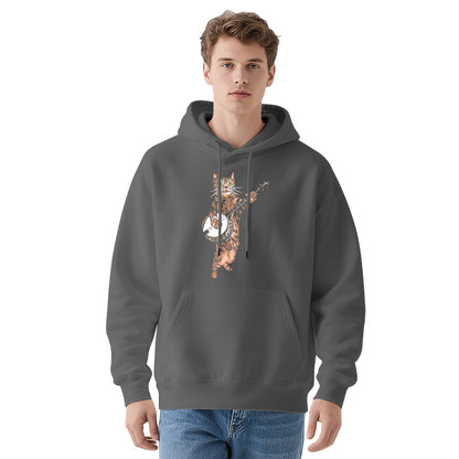 Funny Banjo Playing Tabby Cat Navy Hoodie, Soft Cute Daily Pullover