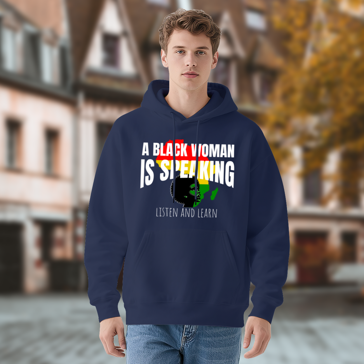 Black Woman Pride Slogan Navy Hoodie, Warm Meaningful Comfort Daily Hoodie
