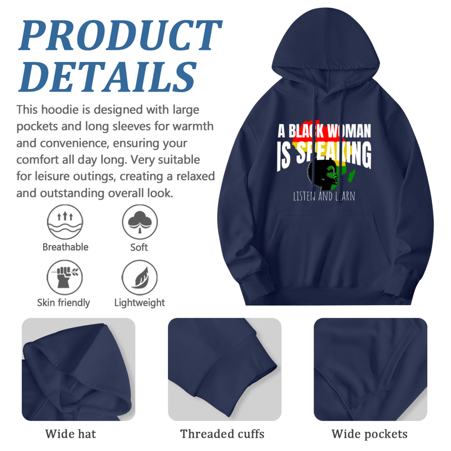 Black Woman Pride Slogan Navy Hoodie, Warm Meaningful Comfort Daily Hoodie