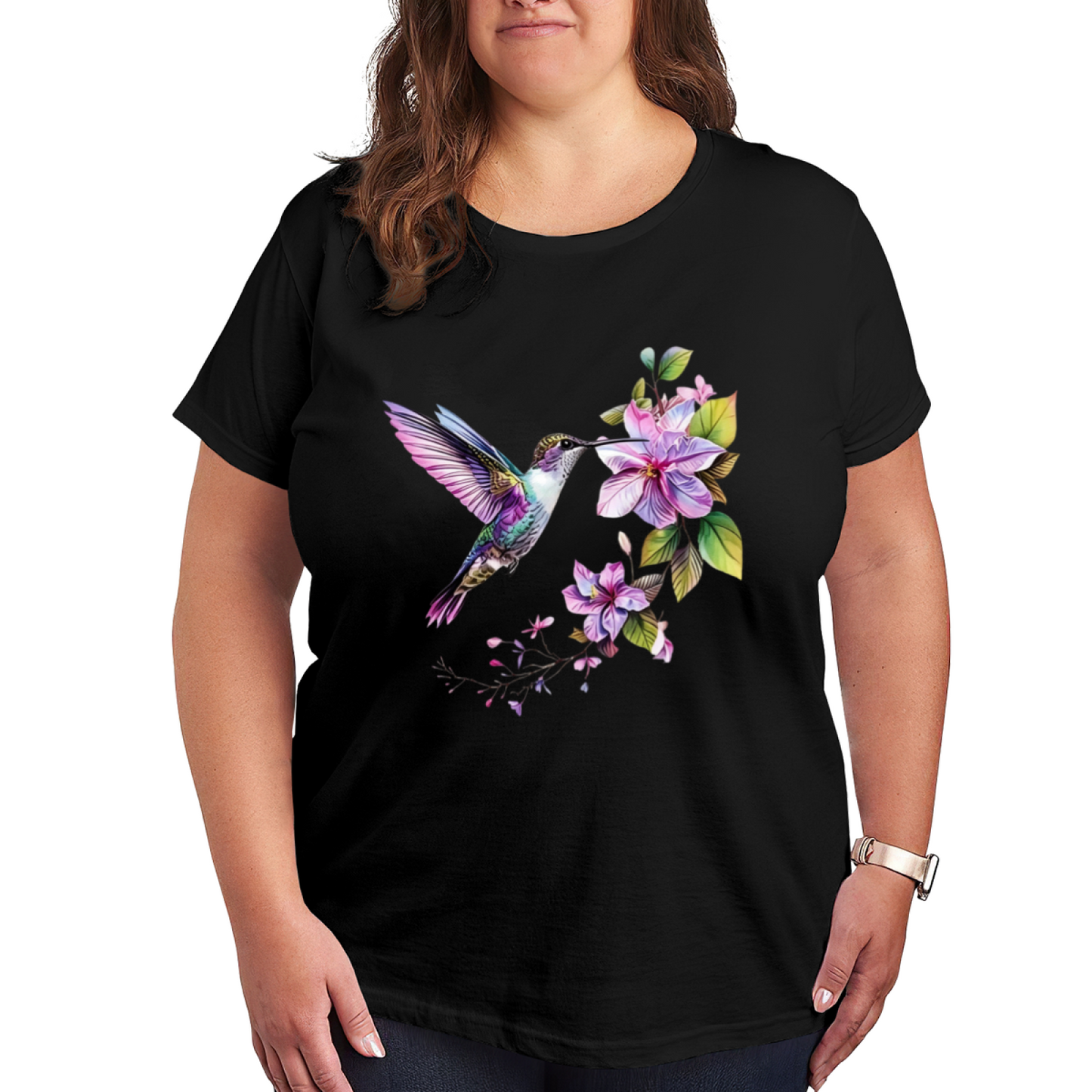 Soft Watercolor Hummingbird & Purple Floral Elegant Plus Size Women¡¯s Printed T-Shirt