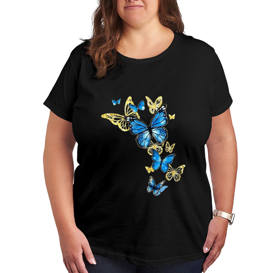 Vibrant Blue Gold Morpho Butterfly Art Print Plus Size Ladies T-Shirt