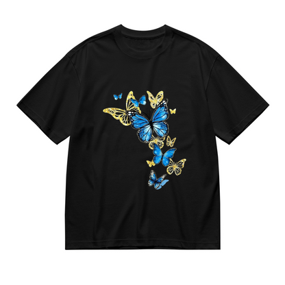 Vibrant Blue Gold Morpho Butterfly Art Print Plus Size Ladies T-Shirt