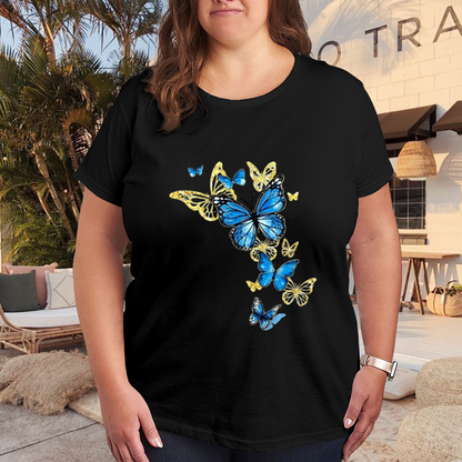 Vibrant Blue Gold Morpho Butterfly Art Print Plus Size Ladies T-Shirt