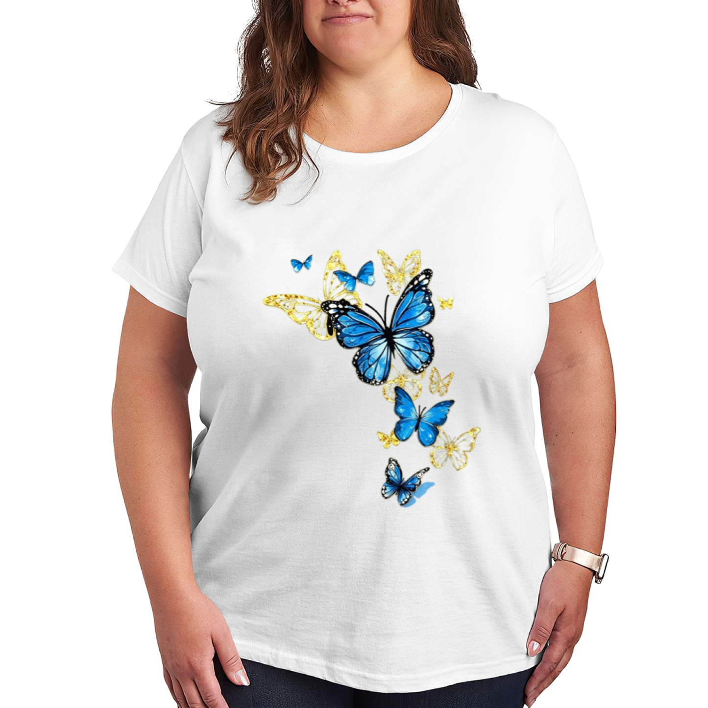 Vibrant Blue Gold Morpho Butterfly Art Print Plus Size Ladies T-Shirt