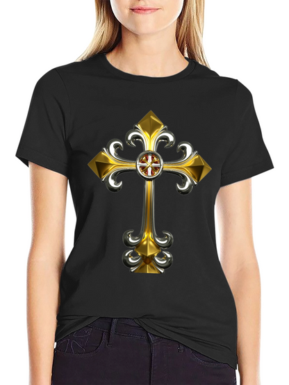 Gothic Gold Cross Graphic Tee - Black