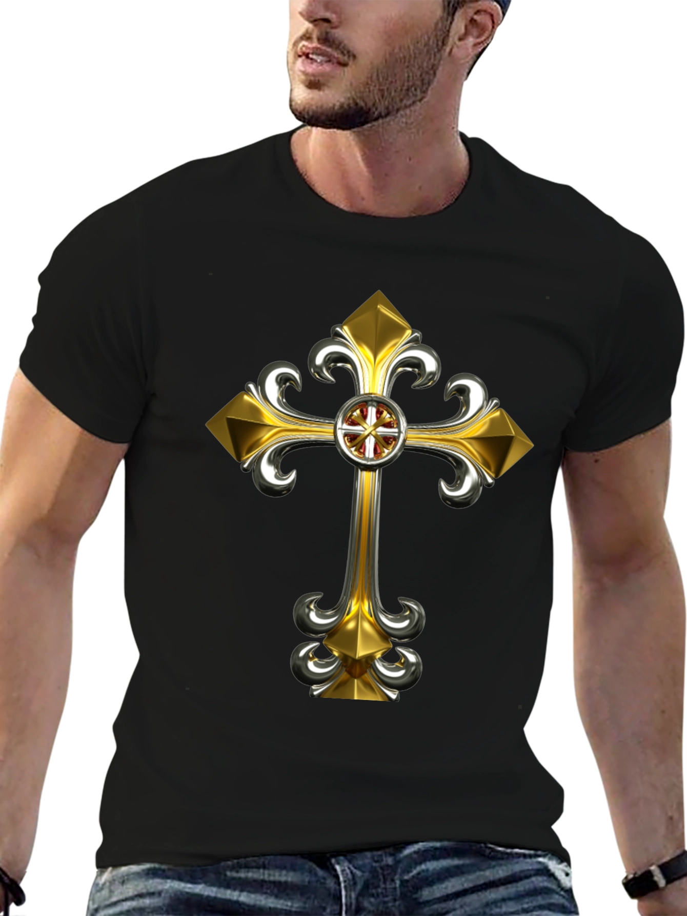 Gothic Gold Cross Graphic Tee - Black