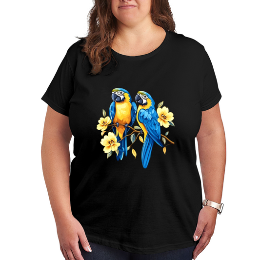 Blue-and-Gold Macaw Parrot Yellow Flower Branch Plus Size Women¡¯s Black Tee
