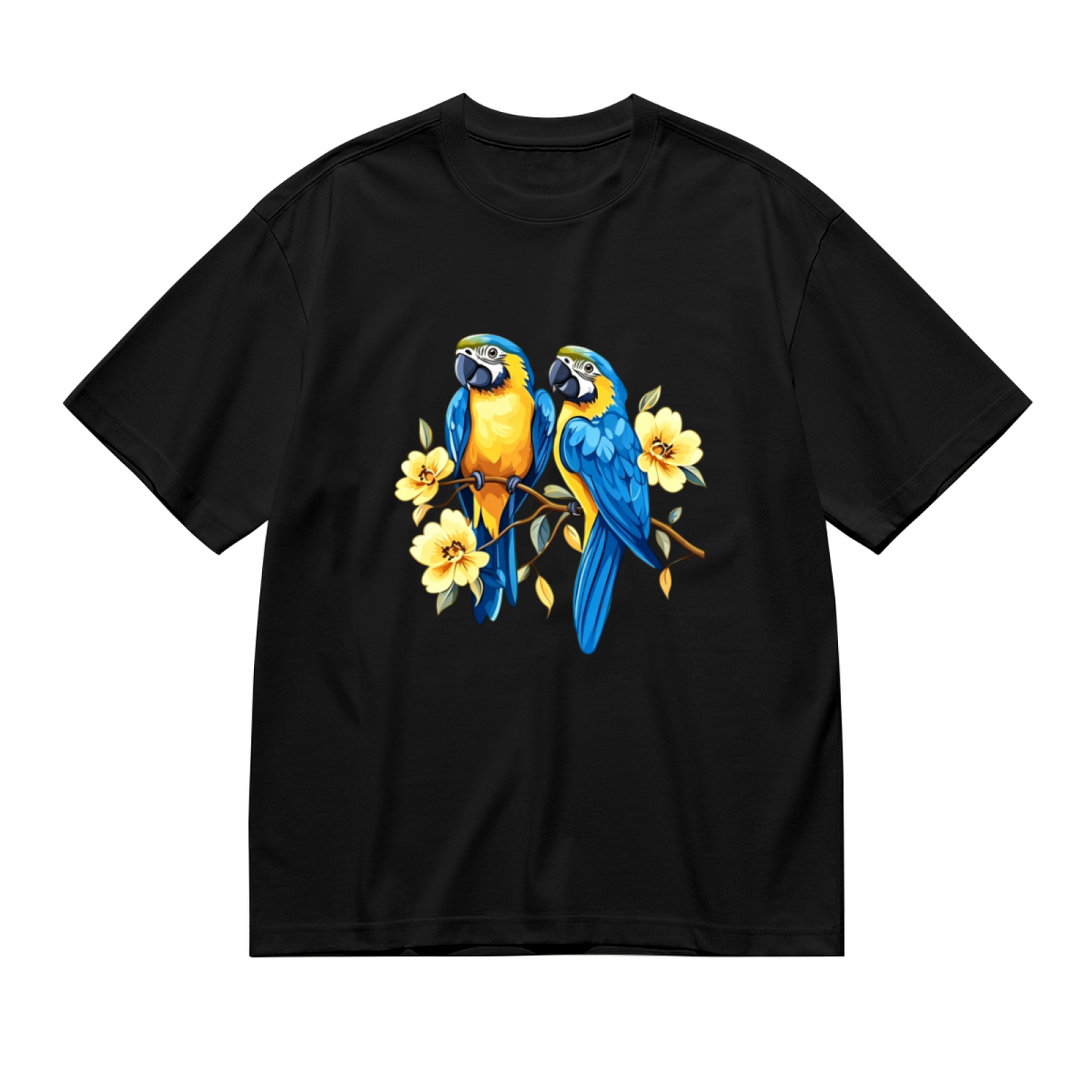 Blue-and-Gold Macaw Parrot Yellow Flower Branch Plus Size Women¡¯s Black Tee
