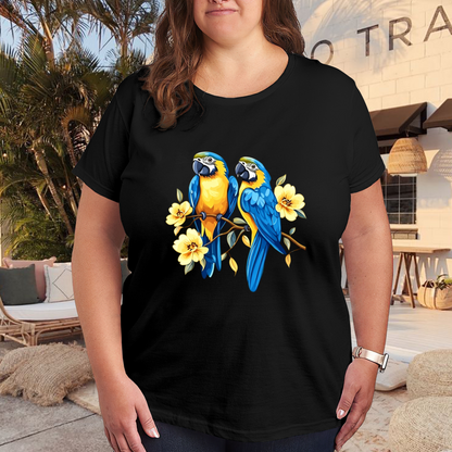 Blue-and-Gold Macaw Parrot Yellow Flower Branch Plus Size Women¡¯s Black Tee