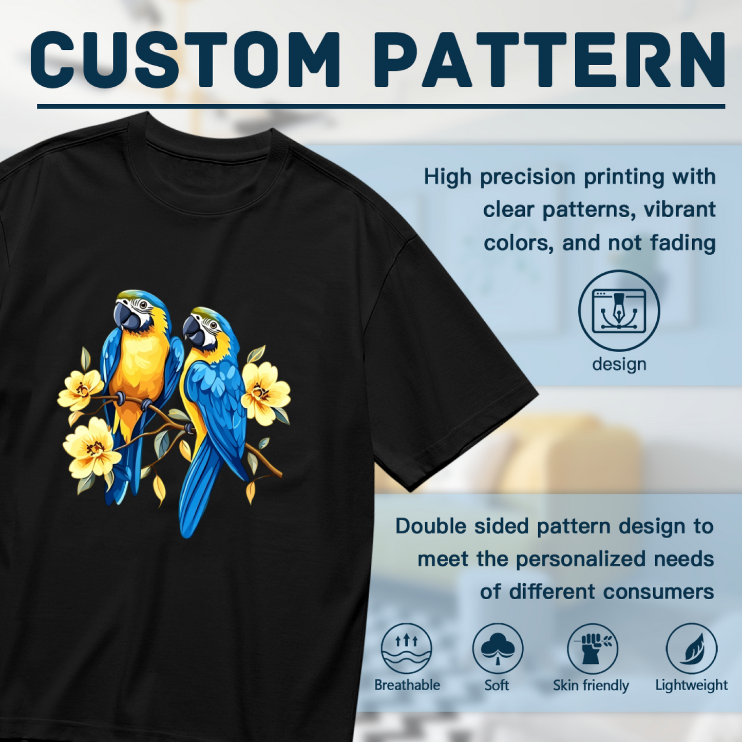 Blue-and-Gold Macaw Parrot Yellow Flower Branch Plus Size Women¡¯s Black Tee