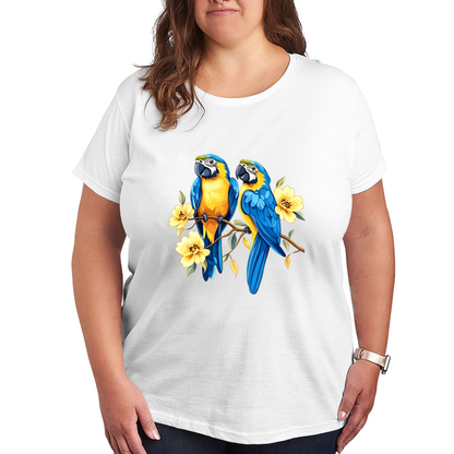Blue-and-Gold Macaw Parrot Yellow Flower Branch Plus Size Women¡¯s Black Tee