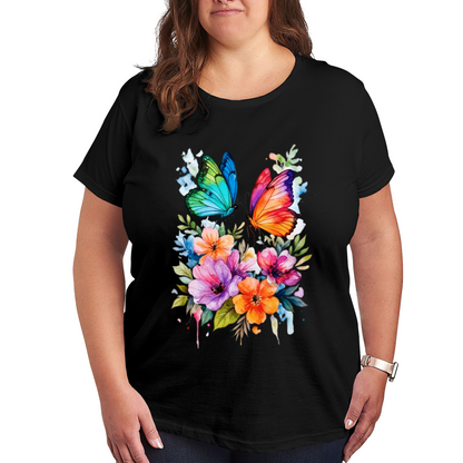 Watercolor Floral Twin Butterflies Vibrant Art Plus Size Women Printed T-Shirt