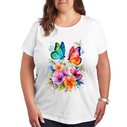 Watercolor Floral Twin Butterflies Vibrant Art Plus Size Women Printed T-Shirt