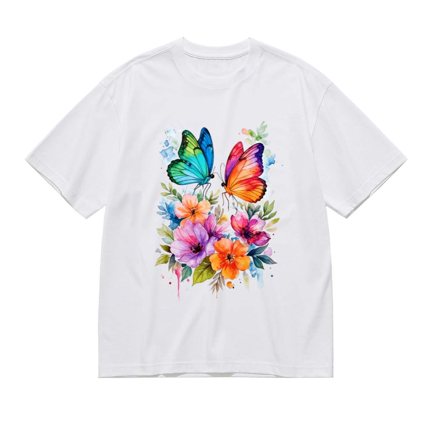 Watercolor Floral Twin Butterflies Vibrant Art Plus Size Women Printed T-Shirt