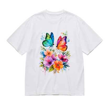 Watercolor Floral Twin Butterflies Vibrant Art Plus Size Women Printed T-Shirt